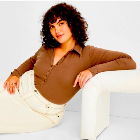 Future Collective Tops - New Future Collective Reese Blutstein Mocha Henley Bodysuit Minimalist Academia